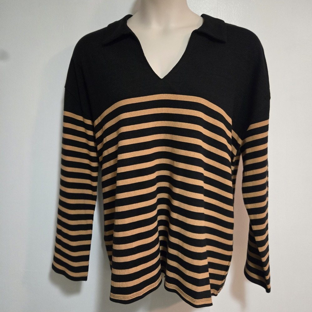 Lane Bryant Size 22/24 Black‎ Tan 100% Cotton Striped Collared Sweater NEW